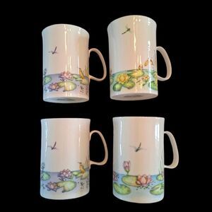 Rare Lot 4 Vintage Dunoon Bone China Lily Pond Mugs Cherry Denman Dragonfly Cup